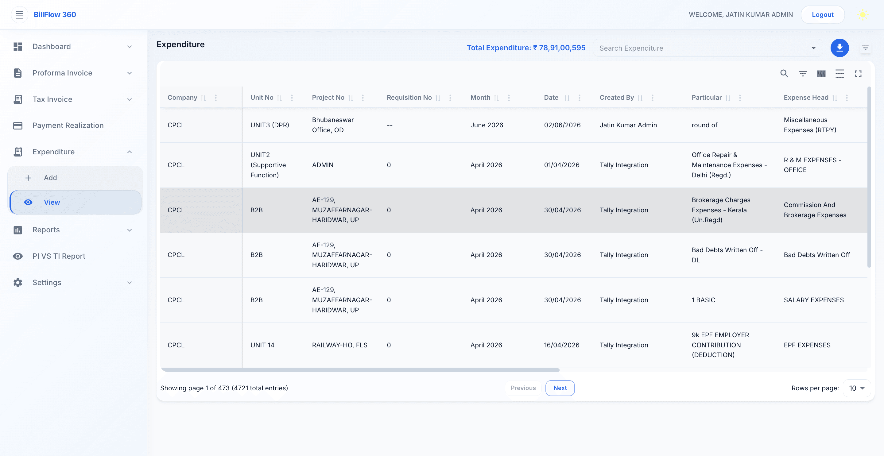Expenditure — BillFlow 360 module preview